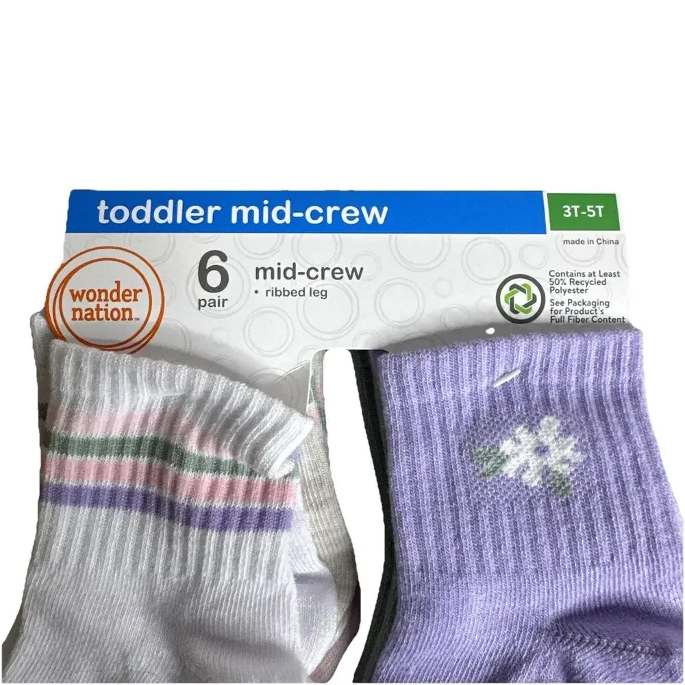 Wonder Nation Toddler Girl Mid Crew Socks 6 Pack Sizes 3T-5T New